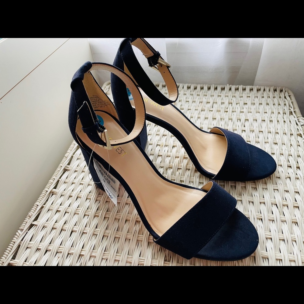 Nine West Navy Blue Strap Block Heels 7.5